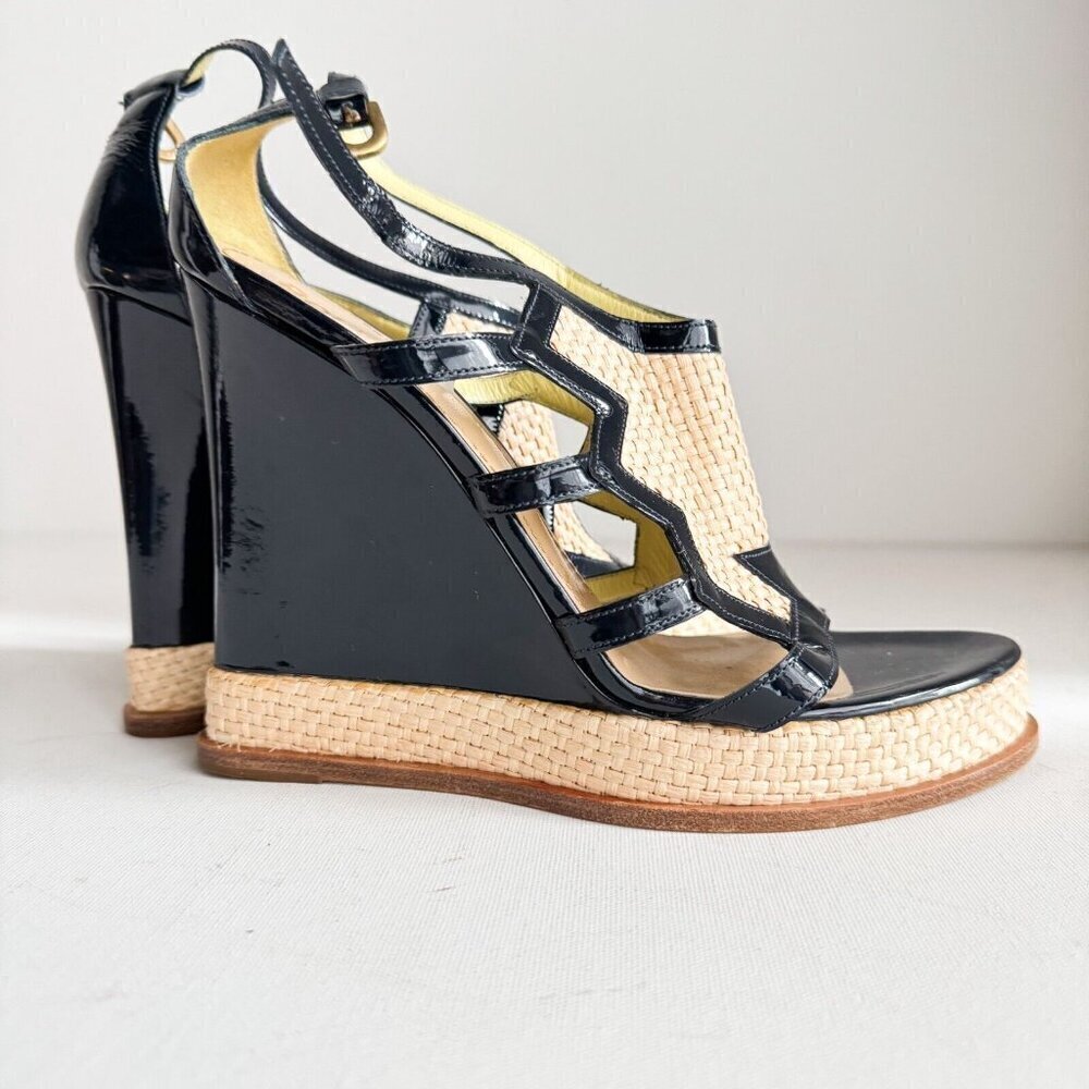 Pollini Raffia Patent Leather Navy Blue Wedge Summer Heels 40 - Picture 3 of 8
